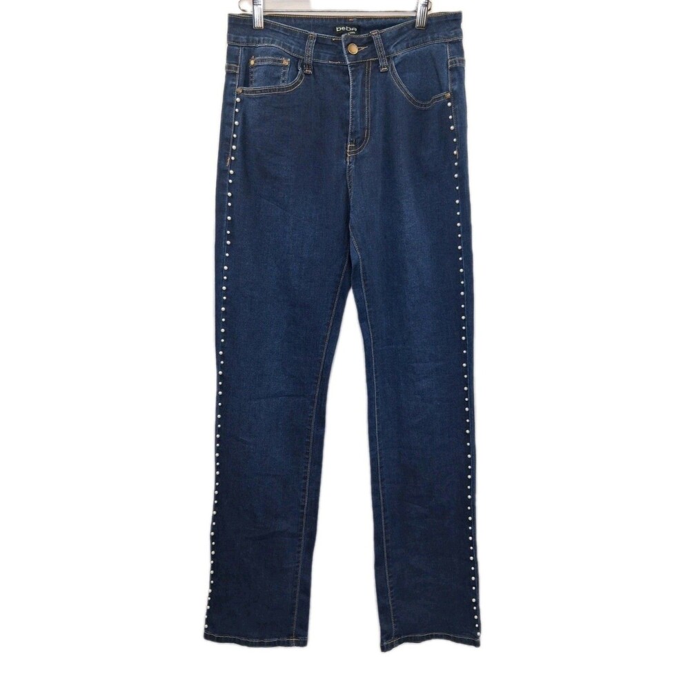 Bebe The Bling String Pearl Embellished Straight Leg Jeans Indigo Wash Size 6 - Picture 4 of 16